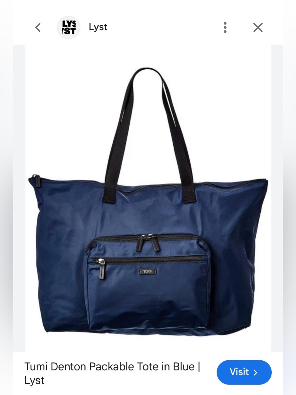 Tumi “denton” Blue Packable Tote with Black Straps